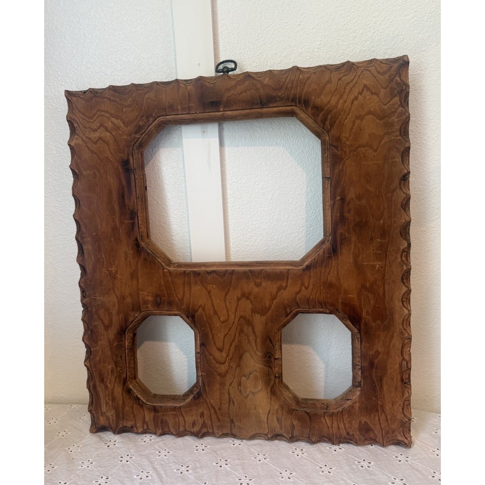 Vtg Tramp Art Style Triple Opening Wooden Picture Frame Carved Folk 19.5" X 18"